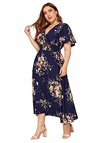 Milumia Women Plus Size Summer Floral Boho High Waist V Neck Maxi Dress Blue XX-Large Plus