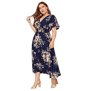 Milumia Women Plus Size Summer Floral Boho High Waist V Neck Maxi Dress Blue XX-Large Plus
