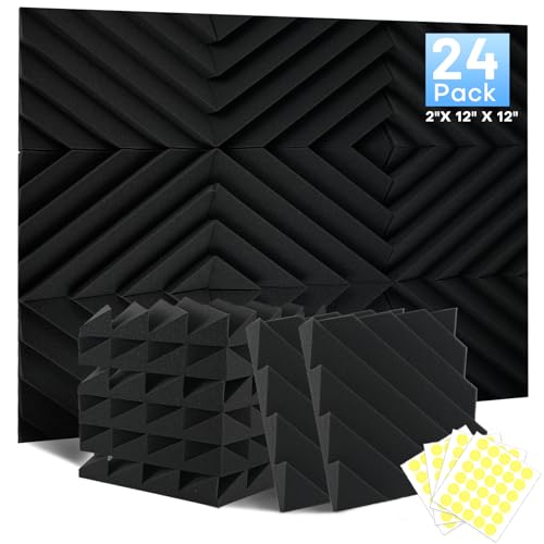 24 Pack Sound Proofing Panels, 2 X 12 X 12Acoustic Wall Panels, Soundproofing Acoustic Foam Panles, Sound Proof Panels, Sound Absorbing Panels for Studio, Home, Office, with Double Sided Tape