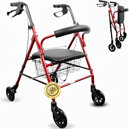OrtoPrime Andador para Ancianos ROLLATOR de 4 Ruedas Plegable con Frenos de Maneta - Andadores adultos andador Ortopedia Rollator 4 Ruedas Caminadores para Mayores - Andador con ASIENTO y CESTA