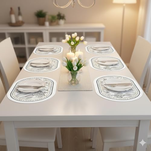 Image of Yelona White Oval Leather Placemats | Elegant Floral Design, Waterproof Stain Resistant | Easy Clean Faux Leather Table Mats (Graceful Blooms, Pack of 6)