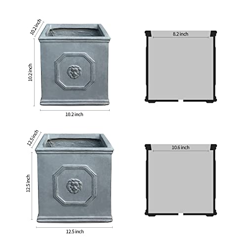 Kante Lightweight Classic Square English Style Lion Head Planter Set Of 2 10.2"X10.2"X10.2" And 12.5"X12.5"X12.5" Antique Gray #TOP1
