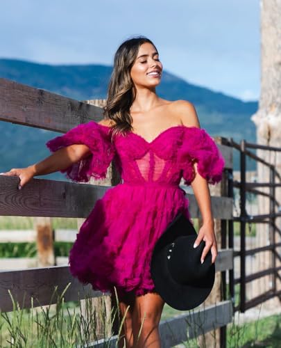 Off Shoulder Tulle Homecoming Dresses Puffy Sleeve Short Prom Dresses for Teens A Line Cocktail Dress 5