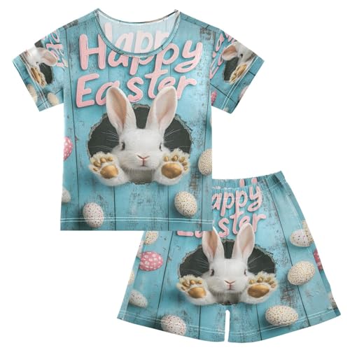ALAZA Easter Rabbit Bunny Egg Blue Pajamas Set Short Sleeve Cotton Sleepwear Summer Pjs 2 Piece 5-14Y