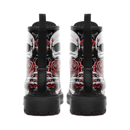 Image of Custom Black Combat Boots for Women Fashion Lace-Up Skull Rose Ankle Booties Chunky Heel Platform Leather Boots