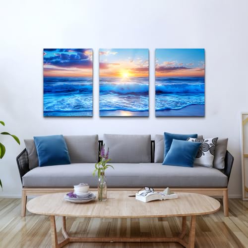 DZRWUBHS Ocean Wall Art For Living Room Canvas Wall Decor For Bedroom Office Decorations Blue Beach Sea Wave Paintings Sunrise Seascape Wall Pictures Canvas Artwork Home Decor Ready To Hang 3 Piece