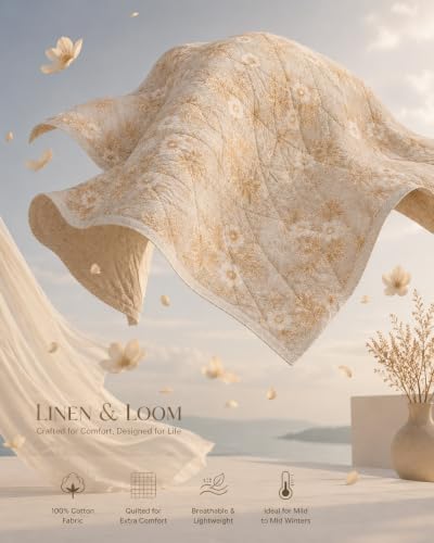 Image of 100% Cotton Quilted Comforter Set with 2 Matching Pillow Covers | Floral Print, Lightweight Breathable Bedding for Mild Winters | 90 inch x 100 inch, Beige