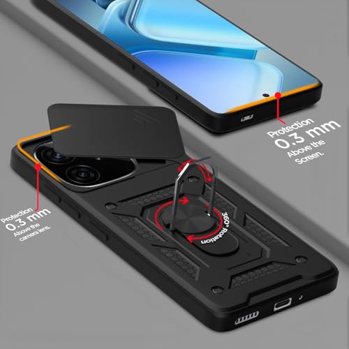 Image of Pikkme Back Cover for iQOO Neo 10R 5G / iQOO Z9 Turbo 5G / Vivo Y200 GT 5G | Sliding Camera Shield with Ring Stand | D10 Full Camera Protection Bumper Case (Black)