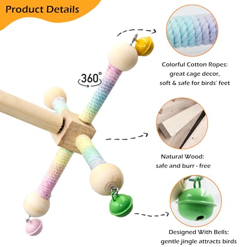 Image of Bird Perch Toy with Bells, Interactive Wooden 360 Spin Cage Toy(S) | Exercise Wheel Parrot Toy, Cotton Wrapped for Soft Grip, Enrichment Bird Cage Accessories for Budgies Lovebirds Cockatiel
