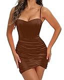 LINJOU Womens Satin Sweetheart Neckline Wrap Bodycon Backless Corset Dress Club Party Sexy Mini Dress Coffee