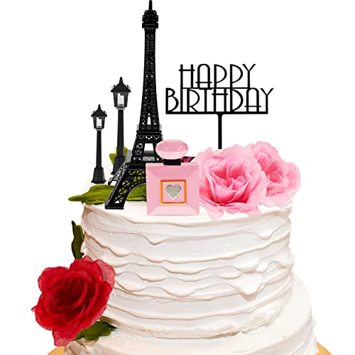 8 Pcs Paris Cake Topper Eiffel Tower Cake Topper with Happy Birthday Street Lamp Rose 7 Inch Eiffel Tower Party Decoration for Birthday Celebration Gift(Classic Color)