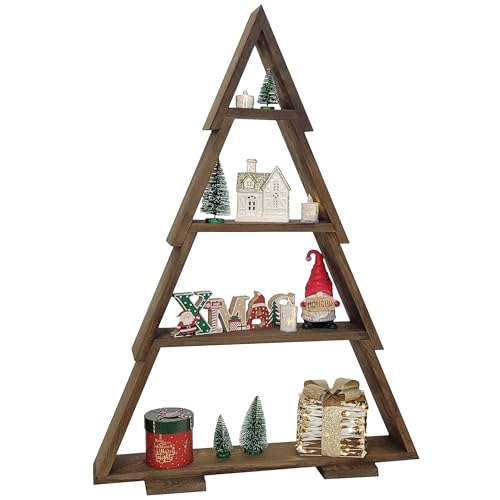 weeco Weihnachtsbaum aus Holz Weihnachtsdekoration XXL 110x67cm, stehend Baum mit 4 Regalen für Ornamente. Handgefertigte Dekoration außen und innen. Weihnachtsbaumfigur. Dunkelbraun - Wenge