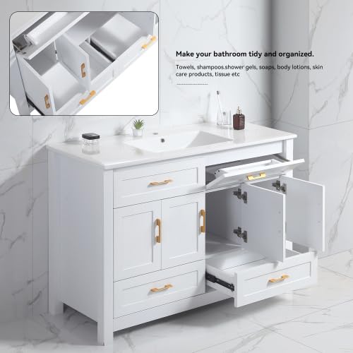 Image of KEIKI 48 inch Bathroom Vanity with Sink, Freestanding Storage Cabinet with 4 Soft Closing Doors & 4 Drawers, Solid Wood Frame, Modern Design, White