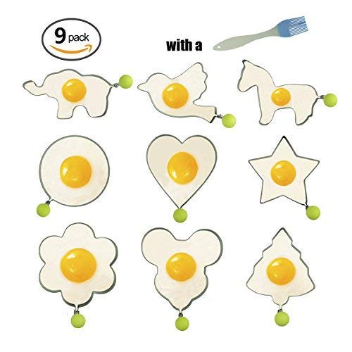 Egg Ring Pancake Mold 9PCS WGZOJOPD Stainless Steel Pancake Forms Fried Egg Mold Non-Stick Egg Poachers With Handle For Griddle Pan Kitchen Tool