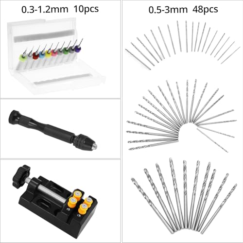 QWORK® 60 Stück Handbohrer Schraubstock Set - 48 Spiralbohrern (0,5-3mm) - 10 PCB Mini Bohrern (0,3-1,2 mm) - inkl. Schraubstock - Perfekt für DIY Holz Schmuck Bohren Anhänger Herstellung