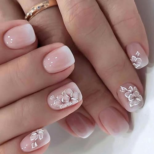 24 uñas postizas cuadradas cortas a presión, pegamentos falsos artificiales en diseños, puntas francesas, regalos pegados