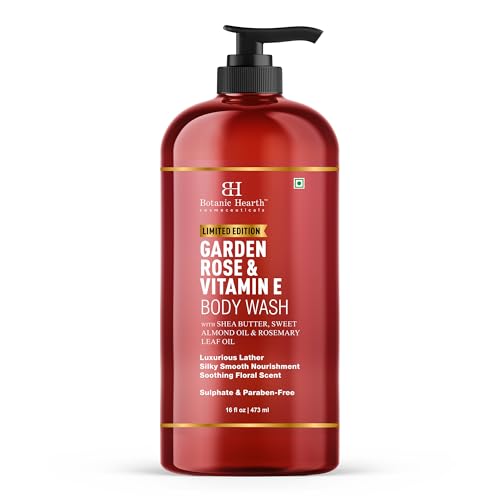 Botanic Hearth Garden Rose & Vitamin E Body Wash | Limited Edition, with Shea Butter, Sweet Almond Oil & Rosemary Leaf Oil 16 fl oz (473 ml) | Sulphate & Paraben-Free, Luxurious Lather