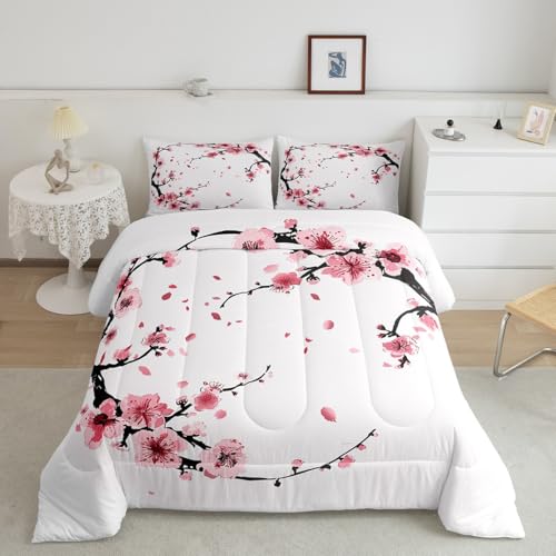 Image of Feelyou Cherry Blossoms Traditional Comforter Set King Size Bedding | Adults Japanese Sakura Flower Botanical Style Duvet Set Bedroom Decor Warm Cozy Breathable Lightweight All Season