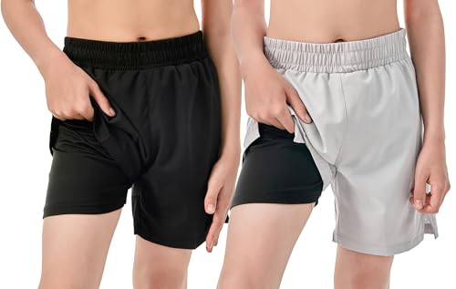 IRELIA 2 Pack Boys Box Brief Liner Compression Zipper Pocket Shorts Kids Quick Dry Active Sports Shorts with Reflective Strip BLG 18-20 Black/Light Grey - image 2