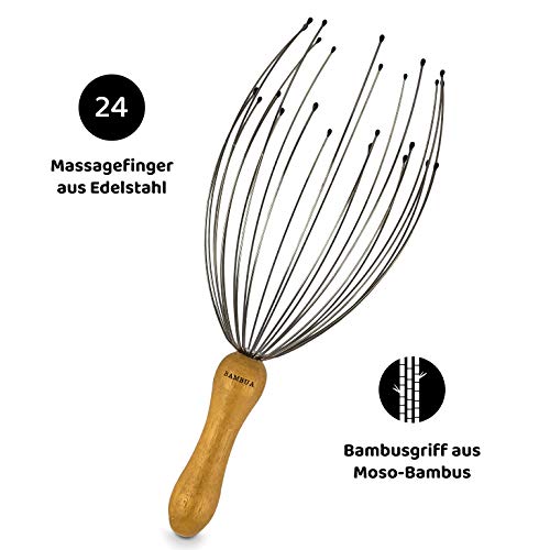 BAMBUA - Kopfmassage Spinne mit 24 Fingern - Bambusgriff - Hergestellt aus Moso-Bambus - Premium Kopfmassagegerät - Nachhaltige Entspannungsgefühle