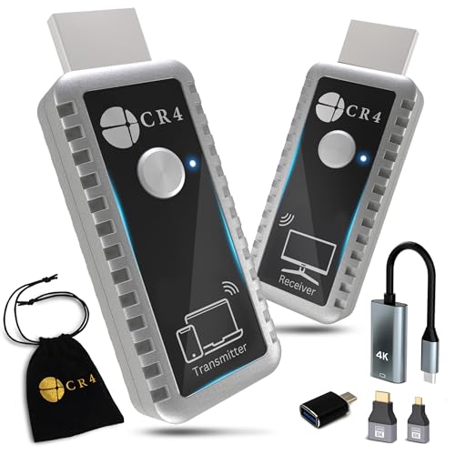 CR4 Wireless HDMI Transmitter and Receiver, Low-Latency 5G, Plug & Play, 4K In/1080P Out, Extender Kit to Stream Video/Audio from PC/Laptop/USB-C Phone (Like iPhone 15 or Newer) to Monitor/TV (Gray)