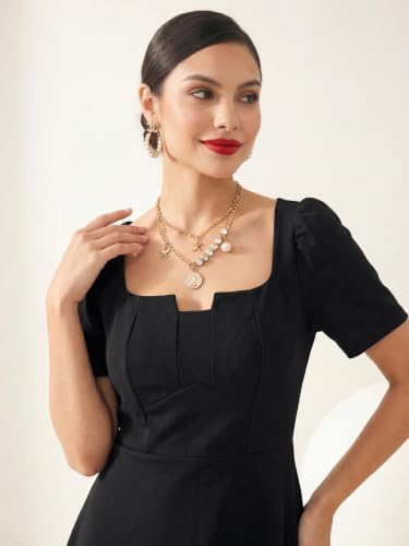 Image of Selvia Women's Black Puff Sleeve Square Neck Fit & Flare Midi Dress