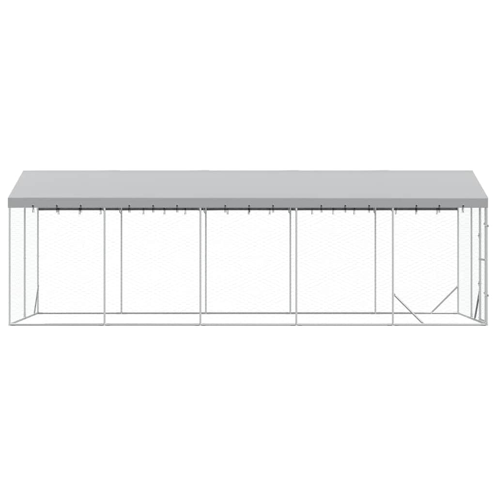 Perrera para perros al aire libre con techo plateado de acero galvanizado 3 x 7,5 x 2,5 m con puerta con cerradura para perros, cachorros y animales pequeños, protección de seguridad en el