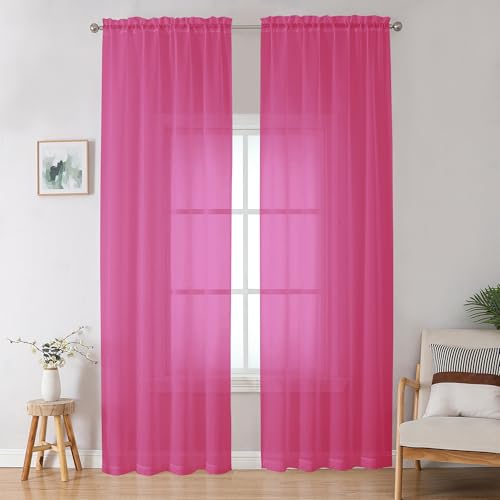 Image of OWENIE Hot Pink Sheer Curtains for Bedroom Living Room 96 Inches Long 2 Panels Set, Soft Solid Light Filtering Clear Sheer Ceiling to Floor for Large Window, 2Pcs, Each 42 inch W x 96 inch L, Hot Pink
