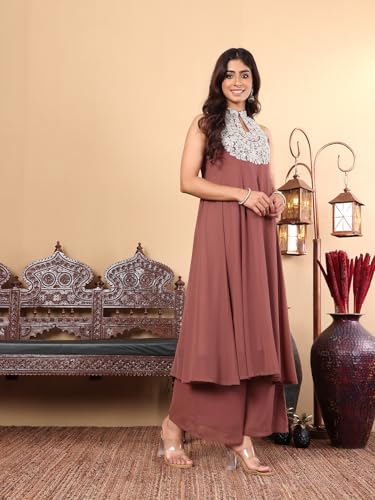 Image of Varanga Women Silk, Georgette Solid Nude Yoke Embroidered Sleeveless Flared Kurta With Trousers Co-Ord Set