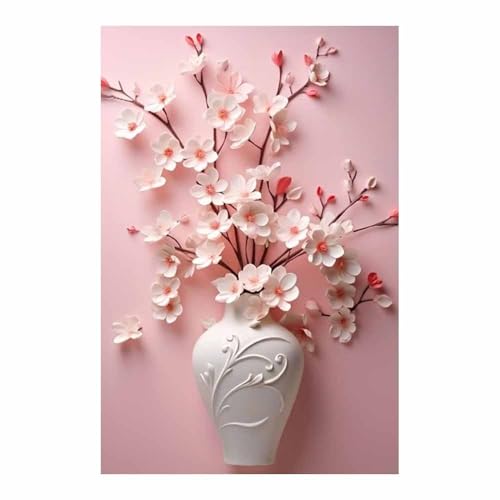 Décoration murale boho botanique TERUEA, vase floral blanc rose et art naturel en toile 70x100cm