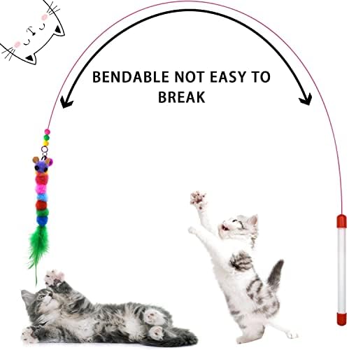 Autoau 3Pack Cat Feather Toys,Interactive Cat Teaser Wand With Pink Fish And Mice Bells, Cat Toys For Indoor Cats Kitten Interactive Training
