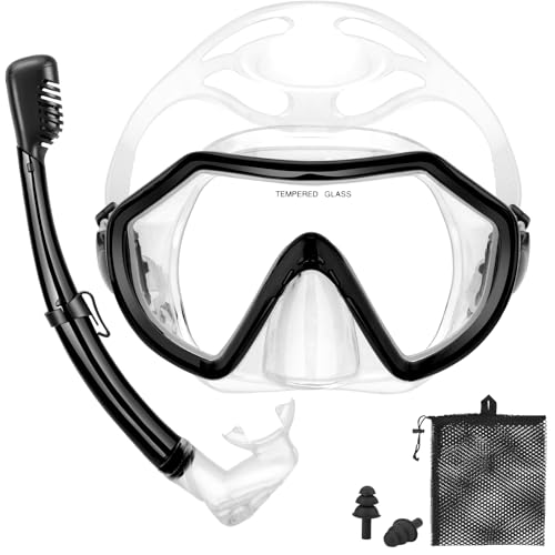 PIYAZI Snorkeling Gear for Adults, Dry Adult Snorkel Set HD Panoramic View Snorkel Mask Set, Anti-Leak and Anti-Fog Scuba Diving Package with Mesh Bag Ear Plug for Snorkeling Scuba Diving Travel
