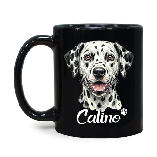 Customized Dalmatian Face Coffee Cup With Name, Puppy Lover Black Ceramic Mug, Personalized Dalmatian Face Teacup 11 Oz Or 15 Oz, Dog Owner Coffee Cup Gifts For Pet Dad Pet Mom, Dog Lover Mug Cups