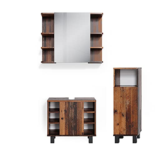 Vicco Badmöbel-Set Eiche rustikal Fynn, bestehend aus Bad Spiegelschrank, Waschbeckenunterschrank, Midischrank - mit Fächern für Flexible Aufbewahrung