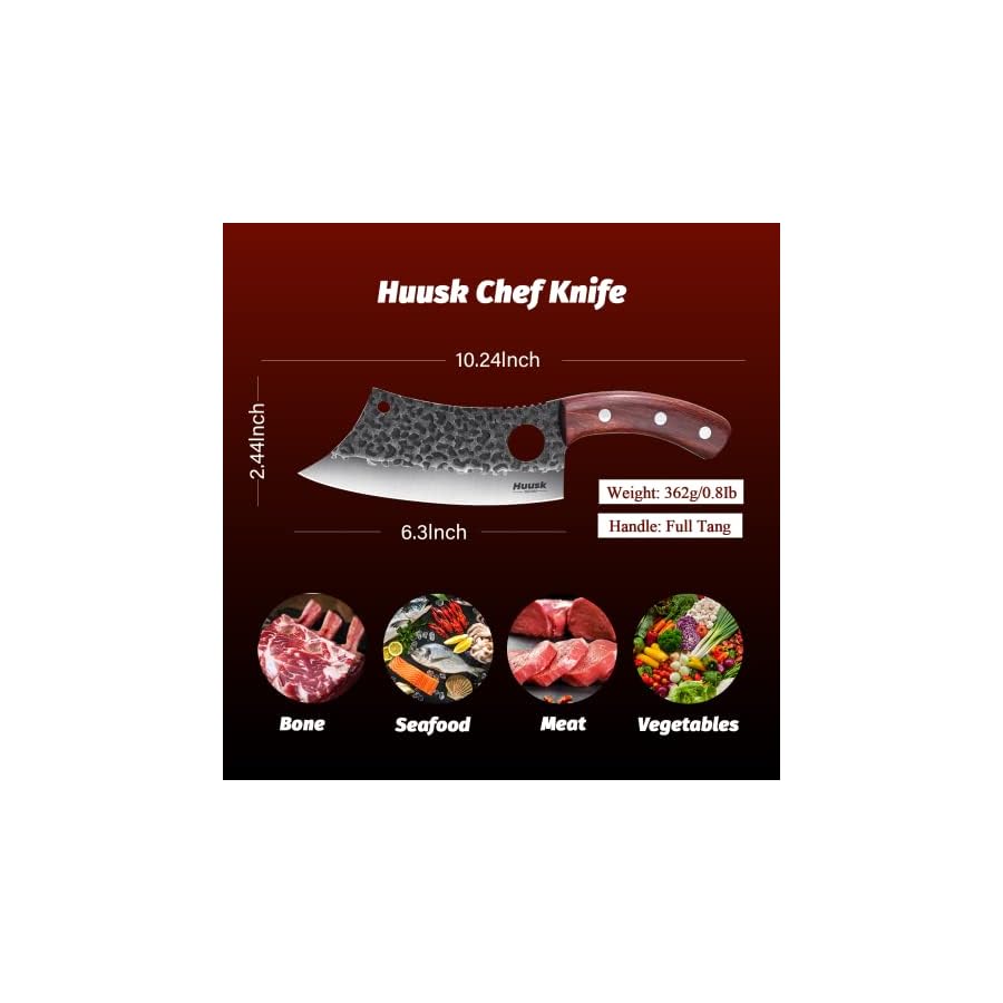 Huusk Japan Knives, Viking Knife with Sheath, Meat Cleaver Knife for Meat Cutting, Hand Forged Chef Butcher Full Tang Boning Knife for Outdoor Cooking, Kitchen Deboning or Camping BBQ