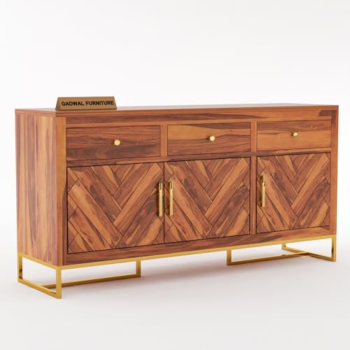 Image of Solid Sheesham Wood Wooden Sideboard & Chest of Drawer with 3 Drawers and 3-Door Storage (Jett, Honey Finish)