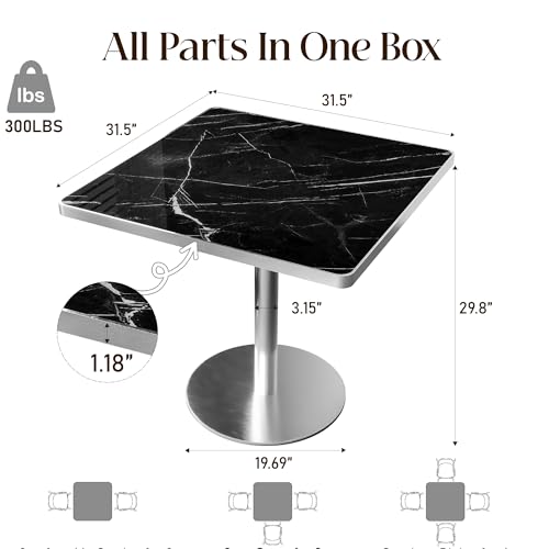 Image of 63 inch Square Dining Table, Tulip Table with 1.2 inch Thick Sintered Stone Tabletop and Silver Metal Pedestal Base, Small Square Dining Tables for Diner,Bar,Restaurant,kitchen,Bakery,Apartment (Marble Black)