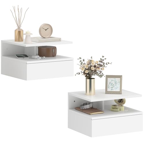 HOMCOM Lot de 2 Tables de Chevet murales, Tables de Nuit suspendues avec tiroir Coulissant, Compartiment Ouvert, Plateau, Style Moderne, pour Chambre à Coucher, 35 x 32...
