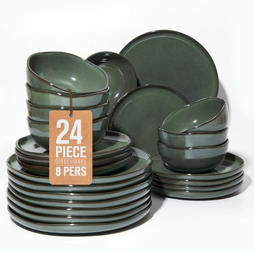 Image of Large Holiday Dinnerware Sets for 8, Ceramic Plates and Bowls Set, Kitchen Dish Set, Microwave & Dishwasher Safe Dishware, Perfect for Christmas & Thanksgiving, Forest Green