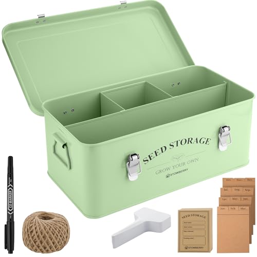 STOWBERRY Samen-Aufbewahrungsbox-Organizer Grüne Gartensamendose mit Deckel seitlichen Griffen 4 Fächern Samenpaketbehälter für Gärtner Gartengeschenkidee mit über 100 Zubehörteilen