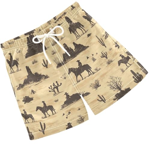 Pigsaly Boys Swim Trunks Cowboy Horses Western Wild West Brown Boys Board Shorts Swimsuit Swimwear Summer Bathing Suit 4T