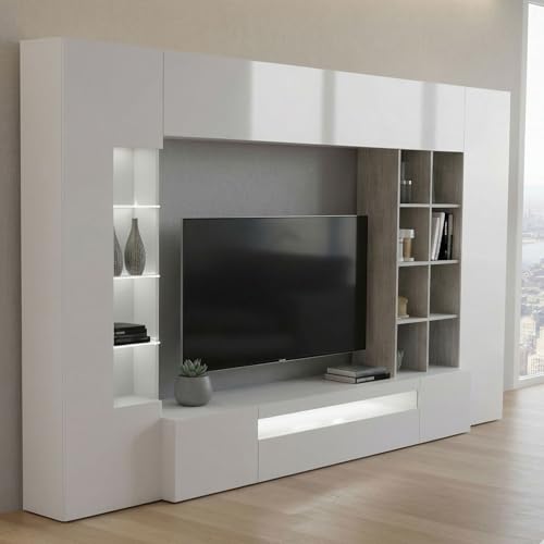 Dmora - Unité murale Iago, ensemble de salon meuble TV, Meuble de salon polyvalent, 100% Made in Italy, 290x40h192 cm, Blanc brillant et béton