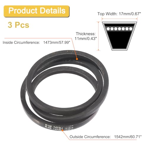 Image of uxcell 3 Pack B58 Classic Wrapped V-Belt, 61 inch Outside Circumference Wrapped Industrial Rubber V-Belt B Profile V-Belt for Industrial Machinery Equipment, Black