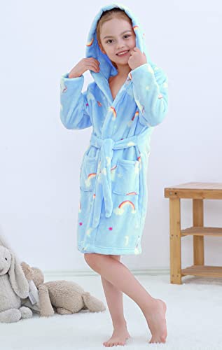 Umeyda Boys Robe, Warm Long Sleeve Hooded Flannel Bath Robe Loungewear With Belt And Pockets For Toddler Little Big Boys, Rainbow-Blue, 9-10 Years = Tag 150 #TOP3