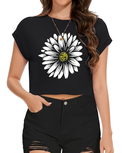 Image of Womens Crop Tops Summer Roll Cap Sleeve Cropped Tshirt Loose Fit Basic Tees