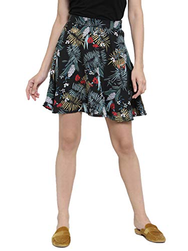Image of Sera Women's Floral Print Black Viscose Rayon A-Line Casual Mini Skirt