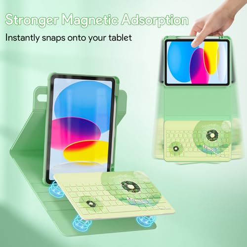 Image of YBING Keyboard Case for iPad 10th Gen 10.9 inch (2022) & 11th Gen (A16, 2025), Bluetooth Wireless Detachable Keyboard with Green Music Painted Patterns, 360 Rotatable Magnetic Case with Pencil Holder