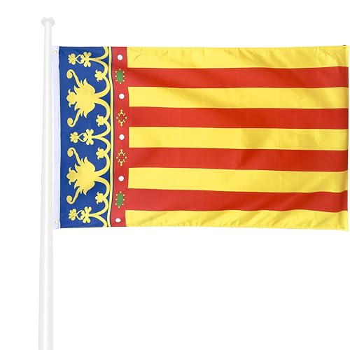 KliKil Bandera de Valencia de gran tamaño 150x90cm con 2 ojales metálicos para montaje fácil, impresión duradera resistente a rayos UV y viento ligero - Bandera decorativa oficial de Valencia