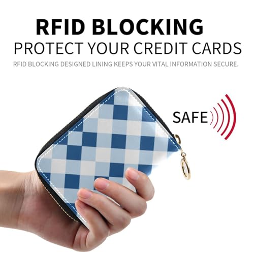 Women's Blue White Buffalo Plaid Credit Card Holder Wallet Leather Zipper Card Case for Ladies Girls 203009793