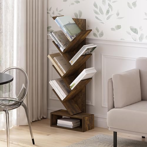 Image of Furinno Tree Book Shelf, 7-Tier Bookshelf, Tree Bookcase with Bottom Shelf, 8.4 x 16.9 x 46.2, for Living Room, Bedroom, Home Office, Amber Pine